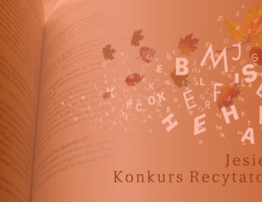 baner reklamujący Jesienny Gorlicki Konkurs Recytatorski. Zdjęcie przedstawia literki mieszające się z jesiennymi liśćmi na tle otwartej książki