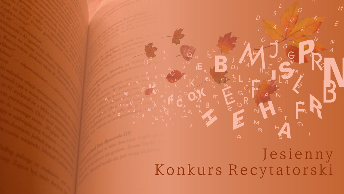 baner reklamujący Jesienny Gorlicki Konkurs Recytatorski. Zdjęcie przedstawia literki mieszające się z jesiennymi liśćmi na tle otwartej książki